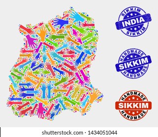 Vector handmade composition of Sikkim State map and corroded seals. Mosaic Sikkim State map is designed of random bright colorful hands. Rounded stamp imprints with corroded rubber texture.
