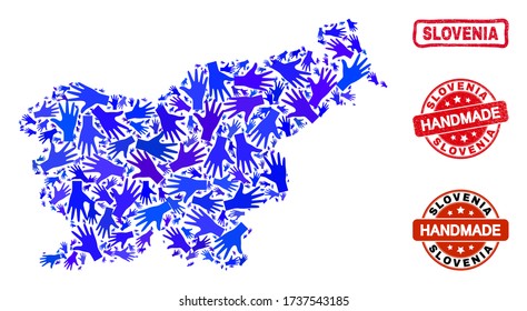 Vector handmade composition of Slovenia map and rubber watermarks. Mosaic Slovenia map is made of randomized blue hands. Rounded and awry red watermarks with distress rubber texture.
