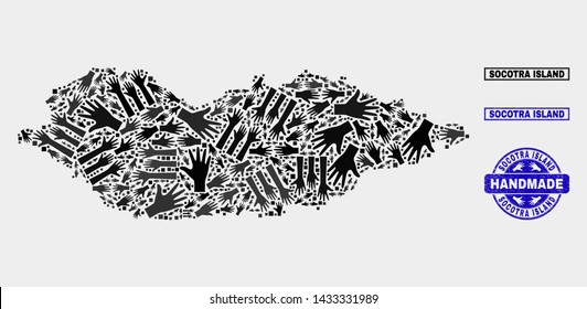 Vector handmade composition of Socotra Island map and rubber stamp seals. Mosaic Socotra Island map is composed with randomized hands. Blue stamp imprints with distress rubber texture.