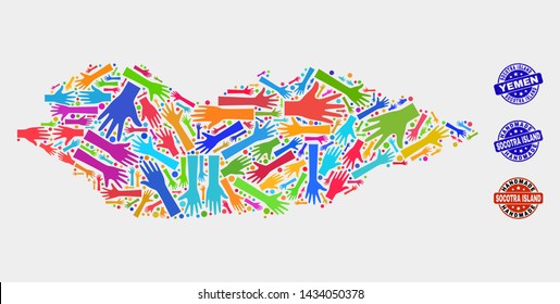 Vector handmade composition of Socotra Island map and scratched seals. Mosaic Socotra Island map is composed of randomized bright colored hands. Rounded seals with scratched rubber texture.