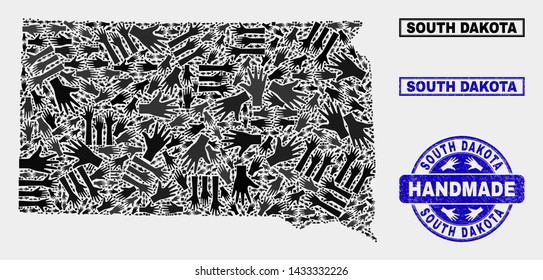 Vector handmade composition of South Dakota State map and dirty stamp seals. Mosaic South Dakota State map is constructed of randomized hands. Blue stamp imprints with unclean rubber texture.
