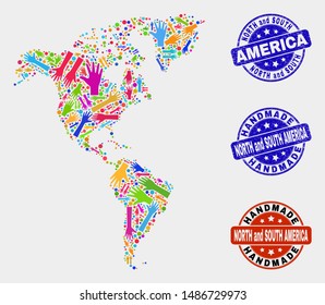 Vector handmade composition of South and North America map and corroded stamp seals. Mosaic South and North America map is created of random bright colored hands.