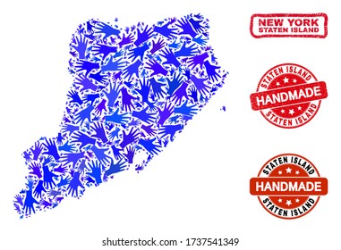 Vector handmade composition of Staten Island map and rubber stamps. Mosaic Staten Island map is made of random blue hands. Rounded and crooked red stamp imprints with distress rubber texture.