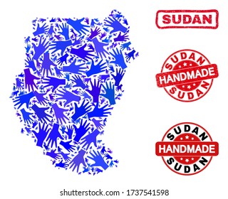 Vector handmade composition of Sudan map and textured watermarks. Mosaic Sudan map is done of random blue hands. Rounded and wry red watermarks with corroded rubber texture.