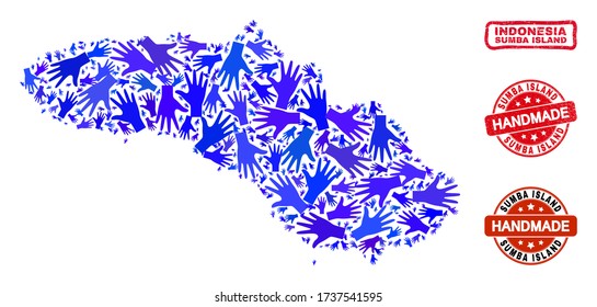 Vector handmade composition of Sumba Island map and corroded seals. Mosaic Sumba Island map is organized with randomized blue hands. Rounded and rough red seals with grunge rubber texture.