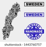 Vector handmade composition of Sweden map and unclean stamp seals. Mosaic Sweden map is organized from random hands. Blue seals with grunge rubber texture.