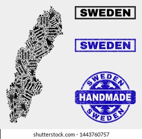 Vector handmade composition of Sweden map and unclean stamp seals. Mosaic Sweden map is organized from random hands. Blue seals with grunge rubber texture.