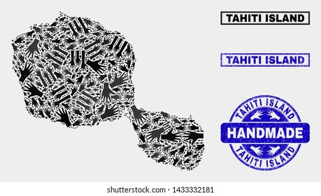 Vector handmade composition of Tahiti Island map and scratched stamp seals. Mosaic Tahiti Island map is made with random hands. Blue seals with corroded rubber texture.