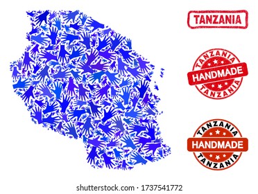 Vector handmade composition of Tanzania map and grunge stamp seals. Mosaic Tanzania map is made of randomized blue hands. Rounded and crooked red watermarks with grunge rubber texture.