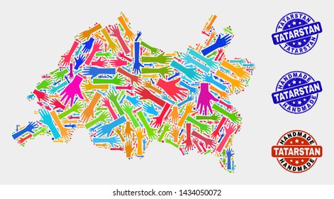 Vector handmade composition of Tatarstan map and rubber stamp seals. Mosaic Tatarstan map is constructed of scattered bright colored hands. Rounded stamp imprints with grunge rubber texture.