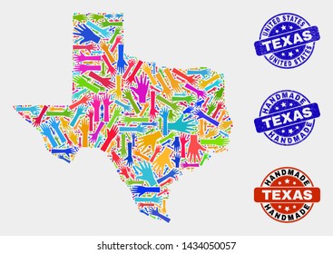 Vector handmade composition of Texas State map and rubber watermarks. Mosaic Texas State map is done with randomized bright colorful hands. Rounded seals with corroded rubber texture.