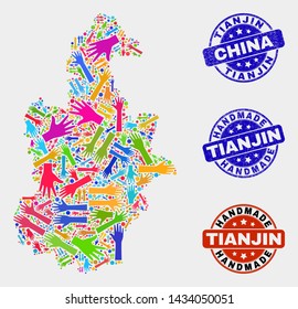 Vector handmade composition of Tianjin City map and rubber stamps. Mosaic Tianjin City map is constructed of randomized bright colored hands. Rounded watermarks with scratched rubber texture.