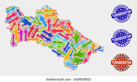 Vector handmade composition of Turkmenistan map and corroded watermarks. Mosaic Turkmenistan map is made with scattered bright colorful hands. Rounded watermarks with corroded rubber texture.
