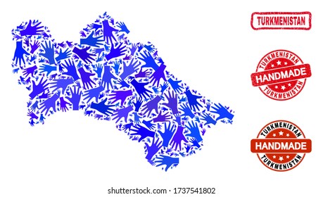 Vector handmade composition of Turkmenistan map and scratched watermarks. Mosaic Turkmenistan map is done of random blue hands. Rounded and wry red watermarks with unclean rubber texture.
