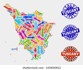 Vector handmade composition of Tuscany region map and textured watermarks. Mosaic Tuscany region map is constructed of randomized bright colored hands.