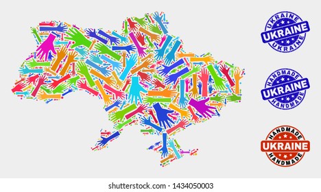 Vector handmade composition of Ukraine map and unclean stamp seals. Mosaic Ukraine map is composed of scattered bright colorful hands. Rounded stamp imprints with distress rubber texture.