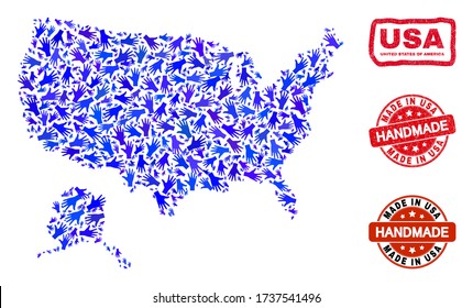 Vector handmade composition of USA with Alaska map and corroded watermarks. Mosaic USA with Alaska map is designed of random blue hands. Rounded and rough red watermarks with unclean rubber texture.