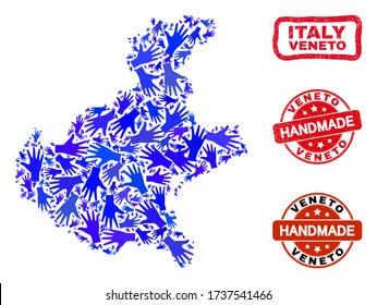Vector handmade composition of Veneto region map and scratched seals. Mosaic Veneto region map is organized of randomized blue hands. Rounded and wry red seals with scratched rubber texture.