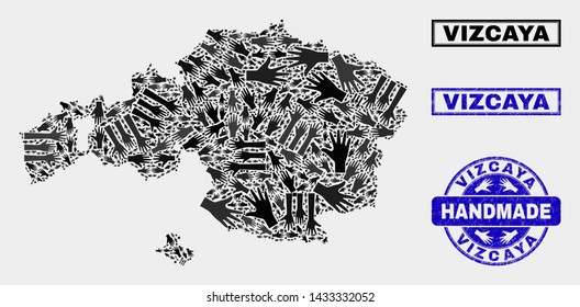 Vector handmade composition of Vizcaya Province map and rubber watermarks. Mosaic Vizcaya Province map is made of random hands. Blue stamp imprints with corroded rubber texture.