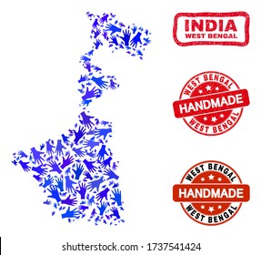 Vector handmade composition of West Bengal State map and rubber stamp seals. Mosaic West Bengal State map is organized with scattered blue hands.