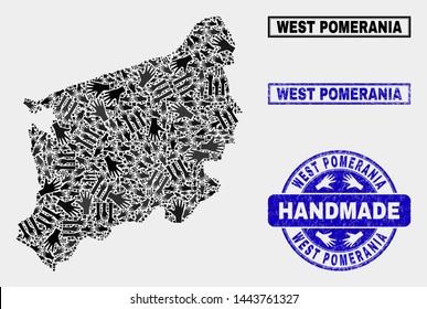 Vector handmade composition of West Pomeranian Voivodeship map and dirty stamp seals. Mosaic West Pomeranian Voivodeship map is created with randomized hands.