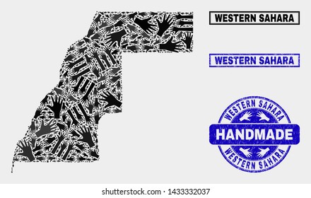 Vector handmade composition of Western Sahara map and grunge stamps. Mosaic Western Sahara map is made with randomized hands. Blue watermarks with grunge rubber texture.