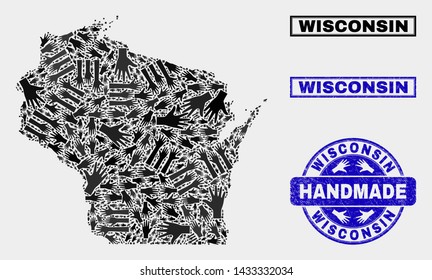 Vector handmade composition of Wisconsin State map and scratched watermarks. Mosaic Wisconsin State map is formed of scattered hands. Blue watermarks with distress rubber texture.