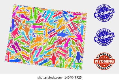 Vector handmade composition of Wyoming State map and corroded stamp seals. Mosaic Wyoming State map is formed of random bright colored hands. Rounded seals with corroded rubber texture.