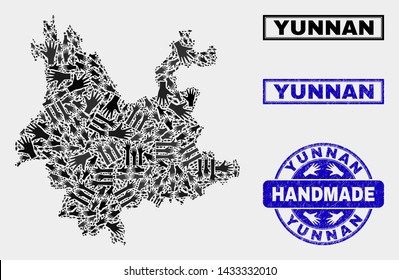 Vector handmade composition of Yunnan Province map and rubber stamp seals. Mosaic Yunnan Province map is done of randomized hands. Blue seals with unclean rubber texture.