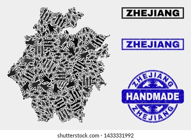 Vector handmade composition of Zhejiang Province map and rubber seals. Mosaic Zhejiang Province map is organized with randomized hands. Blue seals with unclean rubber texture.