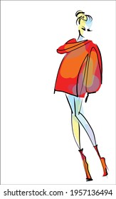 Vector handmade digital sketch background with beautiful girl in jacket for design fashion logo 