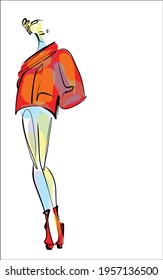 Vector handmade digital sketch background with beautiful girl in jacket for design fashion logo 