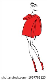 Vector handmade digital sketch background with beautiful girl in jacket for design fashion logo 