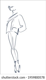 Vector handmade digital sketch background with beautiful girl in jacket for design fashion logo 