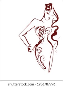 Vector handmade  digital sketch with beautiful girl in dress for design fashion logo 