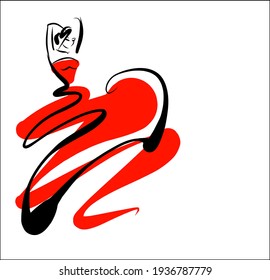 Vector handmade  digital sketch with beautiful girl in dress for design fashion logo 