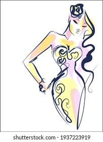 Vector handmade  digital sketch with beautiful girl in dress for design fashion logo 