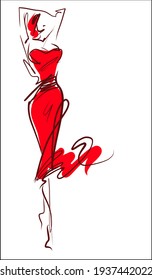Vector handmade  digital sketch with beautiful girl in dress for design fashion logo 