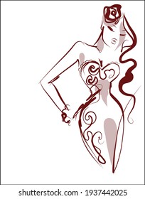 Esbozo digital hecho a mano por vectores con una chica hermosa vestida con el logo de moda de diseño 