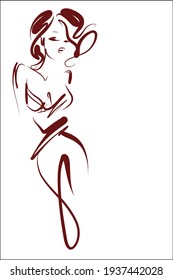 Vector handmade  digital sketch with beautiful girl in dress for design fashion logo 