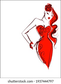 Vector handmade  digital sketch with beautiful girl in dress for design fashion logo 