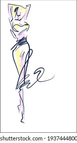 Esbozo digital hecho a mano por vectores con una chica hermosa vestida con el logo de moda de diseño 