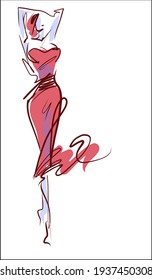 Esbozo digital hecho a mano por vectores con una chica hermosa vestida con el logo de moda de diseño 
