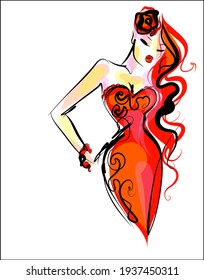 Vector handmade  digital sketch with beautiful girl in dress for design fashion logo 