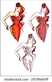Vector handmade  digital sketch with beautiful girl in dress for design fashion logo 