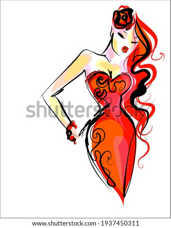 Vector handmade  digital sketch with beautiful girl in dress for design fashion logo 