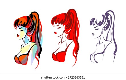 Retrato de conjunto de boceto digital hecho a mano por vectores con el logo de moda de chica hermosa para diseño 