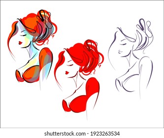 Vector handmade  digital sketch set portrait with beautiful girl for design fashion logo 