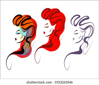 Vector handmade  digital sketch set portrait with beautiful girl for design fashion logo 