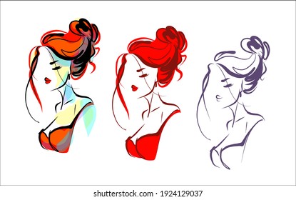 Vektorhandgefertigte digitale Skizze-Set-Portrait mit schönem Mädchen für Design-Mode-Logo 